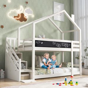 ACXIN podkrovní postel pro děti 90x200 cm, dětská patrová postel s komínem a úložným prostorem a ochranou proti pádu, masivní dřevo, bílá (bez matrace)