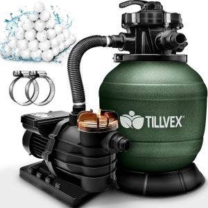 pieskový filtračný systém tillvex bazén 10 m³/h vrátane 800g filtračných guličiek zelenej farby | filtračný systém 7-cestný ventil a adaptér 2v1 Ø32mm - 38mm | bazénová filtrácia s indikátorom tlaku | piesková filtrácia pre bazény