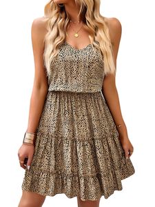 Damen Tunika T -Shirt Kleid Strand Swing Kurzmini Kleider lässig Leopard bedruckte Sommer -Sunddress,Farbe:Braun,Größe:M