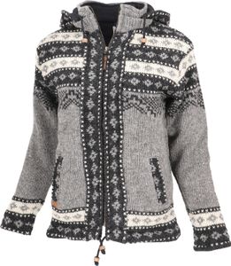 Kuschelige Gefütterte Strickjacke, Damenjacke, Wolljacke, Nepaljacke - Grau/schwarz, Herren, Wolle, Größe: L Kuschelige Gefütterte Strickjacke, Damenjacke, Wolljacke, Nepaljacke - Grau/schwarz, Herren, Wolle, Größe: L