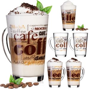 PLATINUX Kaffeegläser mit Motiv max. 350ml Set 6-Teilig aus Glas Latte Macchiato Gläser mit Griff Cappuccino Gläser