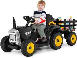 GOPLUS Elektrofahrzeuge mit Anhänger, 3-Gang Elektroauto Traktor mit Fernbedienung, LED-Licht & Musik & Bluetooth, für Kinder ab 3 Jahren, bis 30 kg (Schwarz)