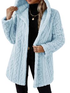 Damen Langarm Mantel Fuzzy Fleece Jacke Warme Strickjacke Lässiger Wintermantel Himmelblau,Größe 2XL