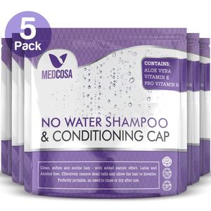 Medcosa Shampoo-Hauben ohne Ausspülen - 5 Stück - Problemlose Haarwäsche für Senioren - Shampoo-Hauben für Bettlägrige - mit Aloe Vera Vitamin E Kamille - 5er Pack