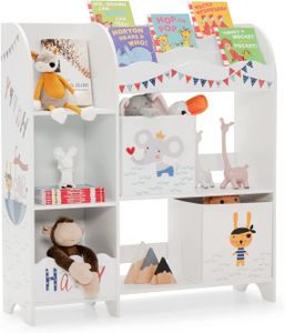Voľne stojaca detská skriňa COSTWAY, 3-poschodový detský regál, organizér na hračky pre batoľatá s 5 priehradkami a 2 úložnými boxmi a 3 policami (Animal Pirate)