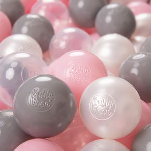 KiddyMoon 100 ∅ 6 cm Detské loptičky na hranie vo vani Detské plastové loptičky vyrobené v EÚ, perleťová/sivá/priehľadná/púdrovo ružová