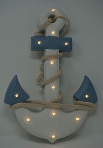 Shabby Dekoration Holzanker blau/weiss mit Seil LED Beleuchtung 12 LEDs Anker