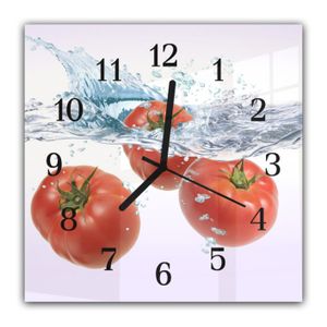 Wanduhr aus Glas mit Motiv Tomaten im Wasser - Quadratisch Breite 30 cm, Höhe 30 cm und Quarzuhrwerk