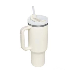 Dvojstenný nerezový vákuový izolačný pohár s rukoväťou, 40oz prenosný cestovný pohár so slamkou a vrchnákom, biely