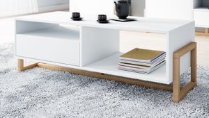 Couchtisch "Skien" in weiß und Buche massiv Wohnzimmer Tisch mit Schublade 122 x 60 cm