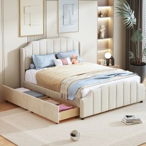 Čalúnená posteľ Fortuna Lai 140 x 200 cm, rám postele s 2 úložnými zásuvkami, s čelom, nohami a lamelovým roštom, zamatová manželská posteľ, posteľ pre mladých, béžová
