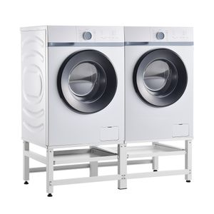 Waschmaschinen-Untergestell Bothel mit 2 ausziehbaren Ablagen Waschmaschinen-Sockel 2-fach Doppeluntergestell 2x150+10 kg Doppelpodest Erhöhung Stahl Weiß