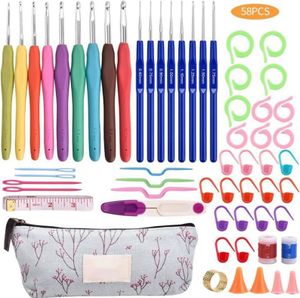 58pcs/Set Crochet Nadles Kit Multi-Größen mehrere Zubehör mit Bag DIY TPR Softgriff Häkelstrick-Haken-Werkzeuge für Mama