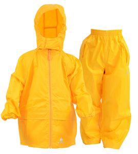 DRY KIDS Wasserdichtes Regenanzug-Set GELB Regenbekleidung für Kinder von 7 - 8 Jahren, reflektierende Regenjacke & Regenhose, verschweißte Nähte