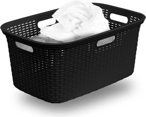 Novaliv Rattan Wäschekorb mit 4 Griffen 40L Schwarz, Wäschebox Set Wäscheeimer Wäschebehälter für Bad Wäsche Schmutzwäsche, Wäschekörbe Organizer Haushalt Zubehör Wäschetonne Sammler