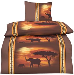 4 teilige Bettwäsche 155x220 cm Afrika Elefanten braun orange Mikrofaser Set