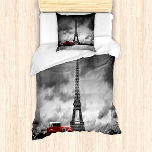 ABAKUHAUS Eiffelturm Mantele, Französisch Auto Dunkle Wolken, Milbensicher Allergiker geeignet mit Kissenbezügen, 135 cm x 200 cm - 80 x 80 cm, Grau, Schwarz, Rot