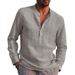 Herren Langarmshirts Tasche Hemden Casual Tunika bluse Einfarbig Stehkragen Oberteile Grau,Größe 3XL
