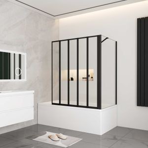 120cm Schwarz Badewannenaufsatz 5-tlg. Faltwand mit 70cm Seitewand 6mm Nano-ESG Duschwand Duschabtrennung