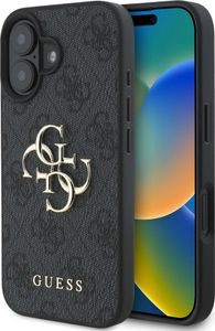 Guess, Etui na iPhone 16 z metalowym monogramem i logo 4G, ciemnoszare