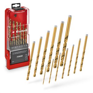 Original Einhell 13-tlg. HSS-G Titan Metallbohrer-Set (im Ganzen geschliffener HSS 4341 Stahl, titanbeschichtet, 135°-Split-Point-Spitze, gefräste Typ N Spirale, Rundschaft)