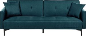 BELIANI 3-Sitzer Schlafsofa Seeblau Stoffbezug Gesteppt mit Schwarzen Metallbeinen 2 Kissen Retro Klappsofa Wohnzimmer Sofa mit Schlaffunktion