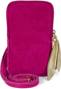 styleBREAKER Damen Leder Handy Umhängetasche aus weichem Veloursleder, Reißverschluss, Echtleder Mini Bag 02012373, Farbe:Fuchsia