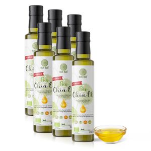 NurBio® Bio Chia Öl 6 x 250 ml - nativ kaltgepresstes Chiaöl, nussig mildes Pflanzenöl, Omega-3-Fettsäuren 63%, Sparpack