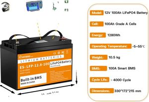 Baterie LiFePO4, 12,8 V, 100 Ah, integrovaná BMS, 12V 100Ah LiFePO4
