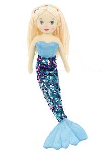 Softpuppe Meerjungfrau als Kuschelpuppe und Spielzeug mit Glitzerstoff & Pailletten 45cm zum Kuscheln und Spielen mit zufälliger Farbauswahl