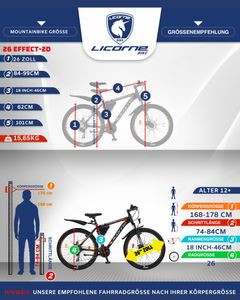 Licorne Bike Effect Premium Mountainbike in 26, 27,5 und 29 Zoll - Fahrrad für Jungen, Mädchen, Herren und Damen - Shimano 21 Gang-Schaltung - Herrenrad