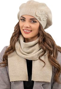 Vivisence damen baskenmütze eleganter wintermütze und schal set warm kopfbedeckung und halsbedeckung an winter und herbst warm dick, winterset für frauen, hergestellt in der eu, beige, einheitsgröße