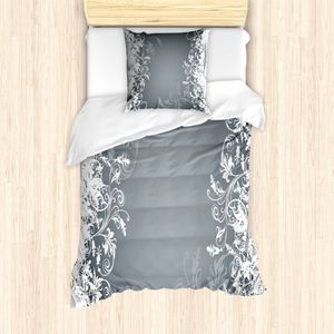 ABAKUHAUS Blumen Mantele, Floral Design Natur, Milbensicher Allergiker geeignet mit Kissenbezügen, 135 cm x 200 cm - 80 x 80 cm, Grau weiß