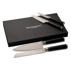 Sada damaškových nožů Echtwerk, 4 ks, damaškový nůž, kuchařský nůž, kuchyňský nůž, damašková ocel / dřevo Pakka, černá, EW-DM-0395