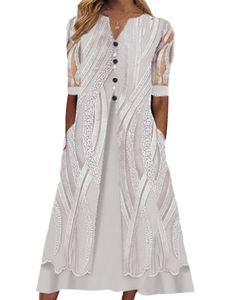 Damen Maxikleider Langes Kleid Feiertag gegen Nacken Lässige Knuttons Dekor Sommer Strand Sunddress,Weiß,Xl