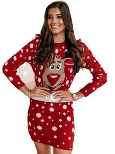 ASKSA Damen Weihnachten Kleidung Strickkleid Rundhals Kleid Tunika Weihnachtsdruck Kleid , Rot, M
