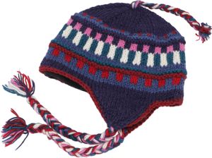 Wollmütze mit Ohrenklappen, Norwegermütze - Blau/rosa, Uni, Wolle, Mützen