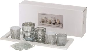 Boltze Tee-Licht Kerzen-Schein Halter-Ständer Deko-Tisch Innen-Bereich Wohn-Zimmer Ess-Fenster aus-Glas Kommode Romantik-Zuhause Wind-transparent rund-vintage stehend-Hochzeit Feier-Party weiß-silber Holz-Brett Zier-Steine Spiegel Shabby-Chic