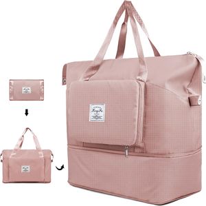 Reisetasche, Faltbare Reisetaschen Groß Sporttasche Handgepäck Tasche Tragbare Erweiterbare Umhängetasche Weekender mit 2 Seitliche Netztasche(Rosa)