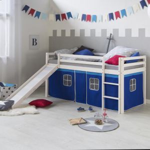 Homestyle4u 1544, Detská podkrovná posteľ so šmykľavkou, rebrík, záclona modrá, masívne drevo biela borovica, 90x200 cm