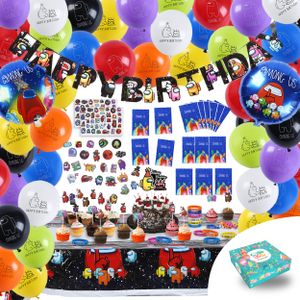 Raumfiguren Among Us Themenparty Dekorationsset - 97 Teile - Partyartikel - Ballons - Tischdecke - Kuchentopper - Geschenktüten - Armbänder - Dekorati