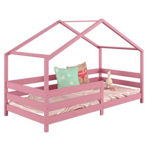 Hausbett RENA aus massiver Kiefer in rosa, schönes Montessori Bett mit Rausfallschutz, stabiles Kinderbett in 90 x 200 cm