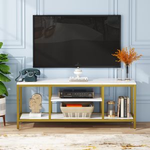 Tribesigns TV-Schrank, Fernsehtisch, für 65-Zoll-Fernseher, 150cm moderner Fernsehschrank mit offenen Ablageflächen, 3-stufiger-TV-Regal,Gold und Weiß