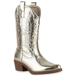 VAN HILL Damen Stiefel Cowboystiefel Stickereien Boots Spitze Schuhe 839883, Farbe: Gold, Größe: 39