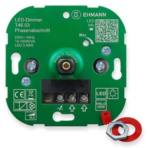 EHMANN 4600x0300 T46.03 Unterputz-Dimmer, Phasenabschnitt, 230 V, 50 Hz, Leistung: LED 3-50 W, 15-150 W/VA, inkl. Schalterprogramm-Adapter