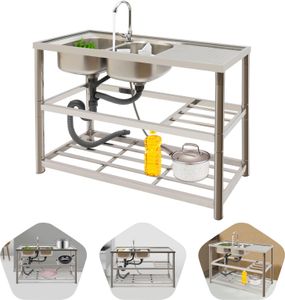 120*45cm Spüle Freistehende Edelstahlspüle Küchenspüle Doppelbecken Workbench mit Wasserhahn Abflusseinheit