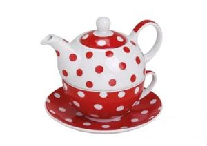 Teekanne mit Tasse Teetasse und Untersetzer Teller Tea for ONE Set rot gepunktet 15x14 cm