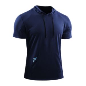 Herren Slim Fit Sportshirt Kurzarm T-Shirts Muscle Sweatshirt Fitness mit Kapuze Oberteile Dunkelblau,Größe XL