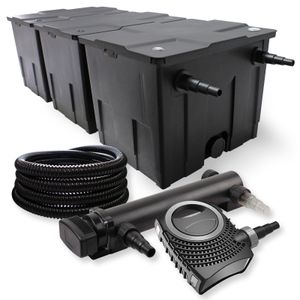 Kompletny zestaw SunSun: filtr stawowy CBF-350C o pojemności do 90000 l jako filtr przepływowy, pompa stawowa NEO10000 SuperECO 10000 l/h 80 W, odstojnik stawowy CUV-336 z odstojnikiem UVC o mocy 36 W, wąż stawowy 25 m 25 mm