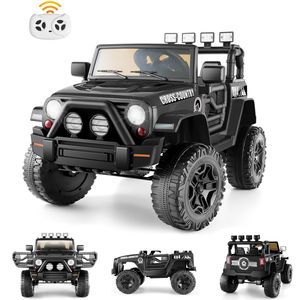 12V Elektro Kinderfahrzeug Kinderauto Jeep mit Tür, 2x Motoren, mit Fernbedienung, LED Lichts, eingebauter Musik, Bluetooth-Verbindung, schwarz